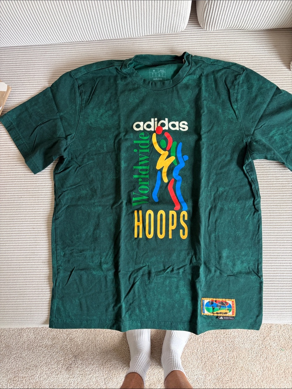 adidas Green Worldwide Hoops Graphic Tee with Multicolor Print